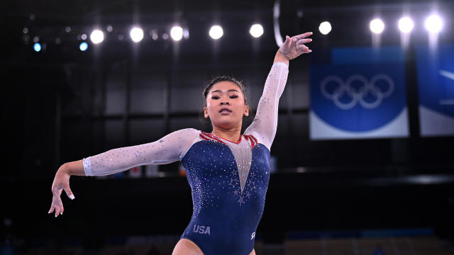 Suni Lee of the United States is seen in action during the floor exercise of the women's individual all-around competition at the Tokyo Olympics July 29, 2021. 