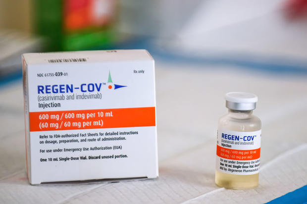 A box and vial of the Regeneron monoclonal antibody is seen 