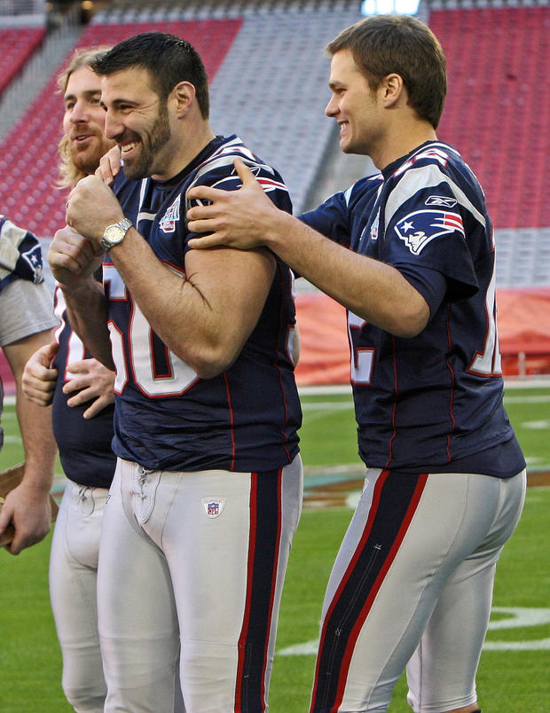 Mike Vrabel and Tom Brady at Super Bowl Media Day in 2008 