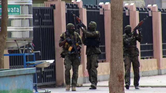 Special forces members are seen during an uprising that led to the toppling of president Alpha Conde in Kaloum neighbourhood of Conakry 