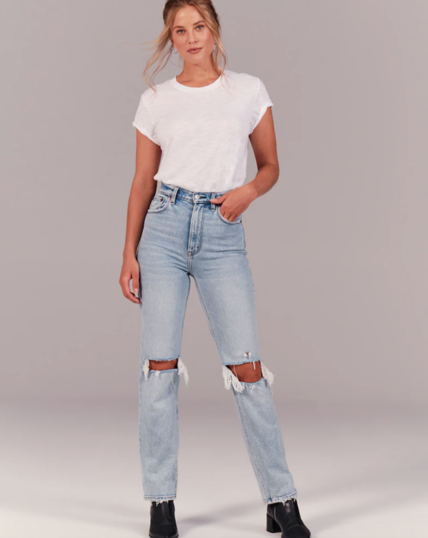 90's ultra high rise straight jeans in light ripped wash 