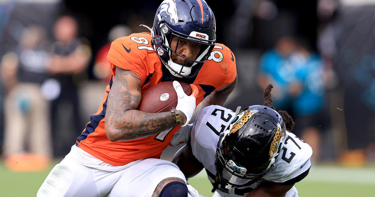 Denver Broncos wide receiver Tim Patrick (81) celebrates a catch