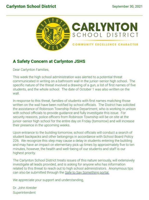 Carlynton Threat Letter 