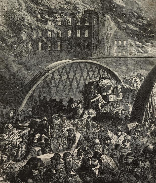 Randolph Street Bridge during Great Chicago Fire 