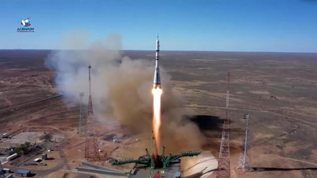 The Soyuz MS-19 spacecraft carrying ISS crew blasts off from the launchpad at the Baikonur Cosmodrome 