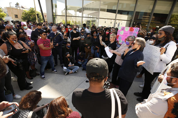 Netflix employees, activists, public figures and supporters gathered outside a Netflix location at 1341 Vine St in Hollywood Wednesday morning in support as members of the Netflix employee resource group Trans*, coworkers and other allies staged a walkout 