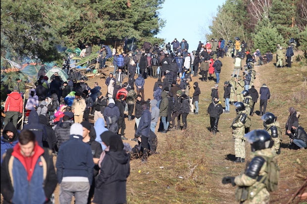 Migrants at the Belarusian-Polish border in the Grodno region, November 9, 2021