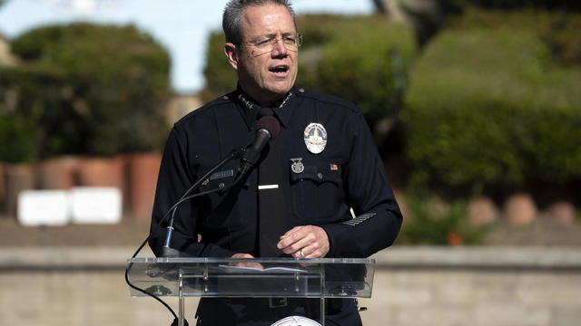 Los Angeles Police Chief Michel Moore speaks to members of 