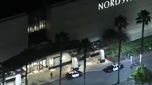 An image capture from aerial footage shows crews working the scene after a robbery at the Westfield Topanga Mall in the Canoga Park area of Los Angeles on November 24, 2021. 