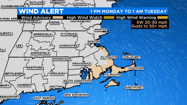 Wind Gusts Across Eastern Mass. Projected To Be 50 MPH Or Higher On Monday  Night - CBS Boston