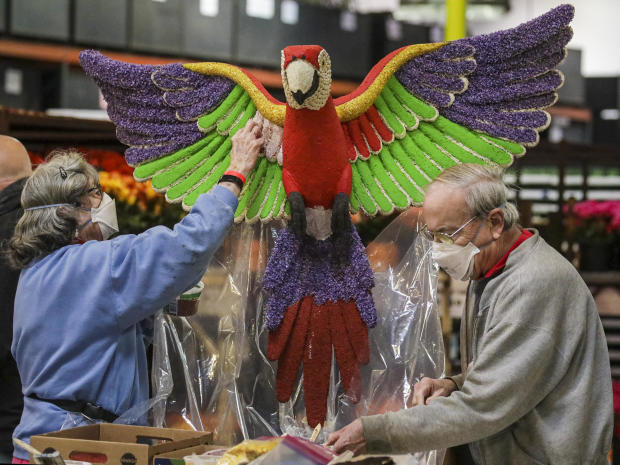 Floats being prepared in advance of the 2022 Rose Parade. 