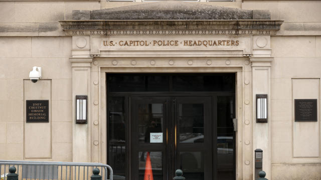 The front of the U.S. Capitol Police headquarters is seen February 19, 2021, in Washington. 