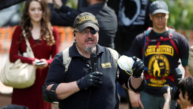 Oath Keepers founder, Stewart Rhodes, speaks during the Patriots Day Free Speech Rally in Berkeley 