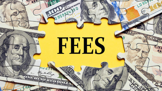 The word fees surrounded by puzzle pieces with dollar bill money 