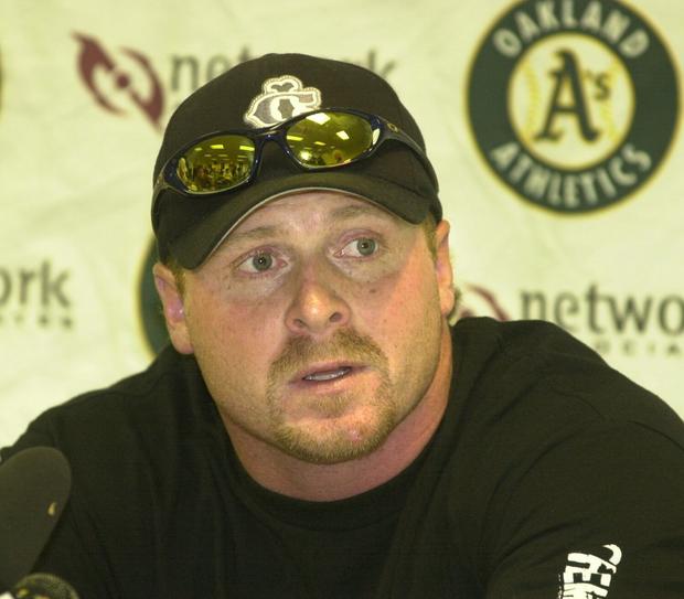Former Oakland Athletics Jeremy Giambi (cq) talks about being traded to Philadelphia at a press conference during the A's game against the Baltimore Orioles in Oakland, Calif., on Wednesday, May 22, 2002. 5/22/02 (CONTRA COSTA TIMES/DOUG DURAN) AGIAMBI1.J 