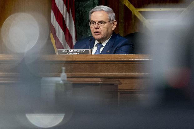 Sen. Robert Menendez, chairman of the Senate Foreign Relations Committee, speaks during a nomination hearing. 