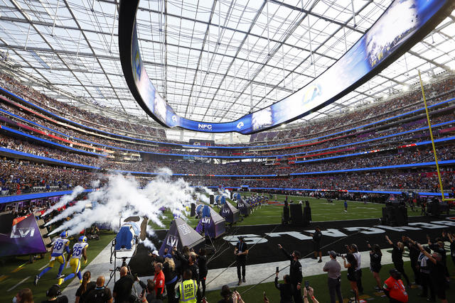 Inglewood, USA. 01st Feb, 2022. The giant video wall at SoFi Stadium shows  a Super Bowl sign. The Los Angeles Rams and Cincinnati Bengals will meet  here on February 13, 2022 (local