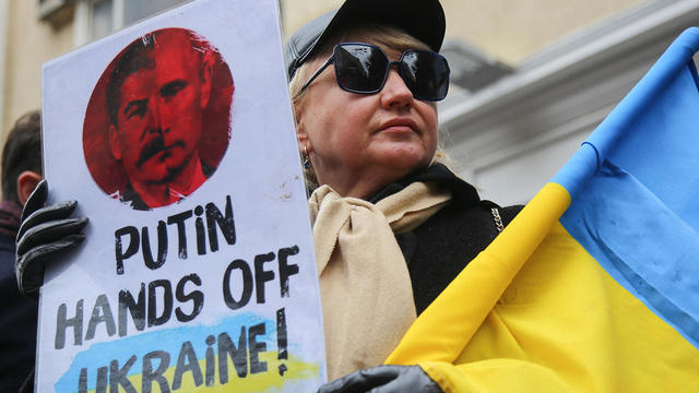 A protester holds a Ukrainian flag and a placard that says " 