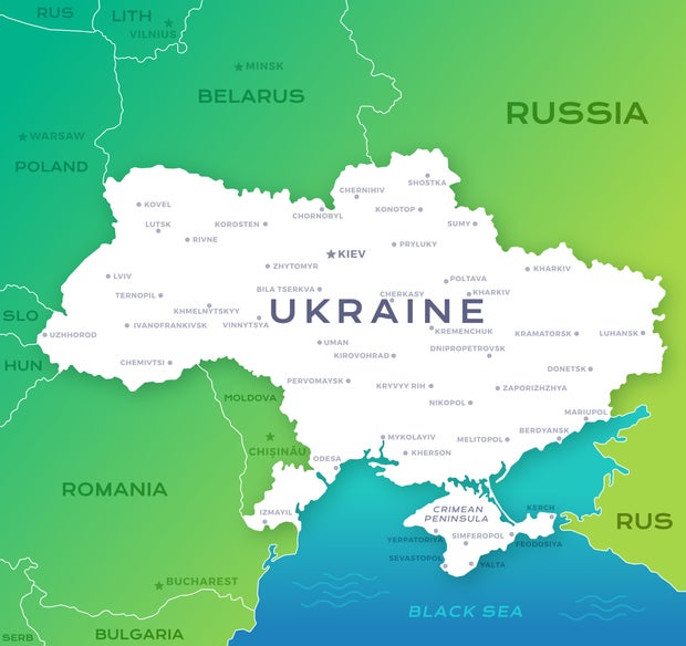 Map of Ukraine with International Borders and Major Cities