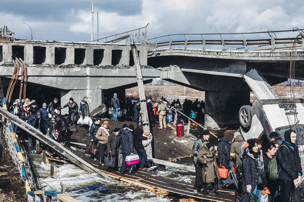 Civilians fleeing from Irpin, near Kyiv 