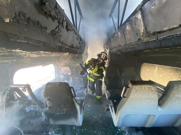 Caltrain fire damage to interior of train car 