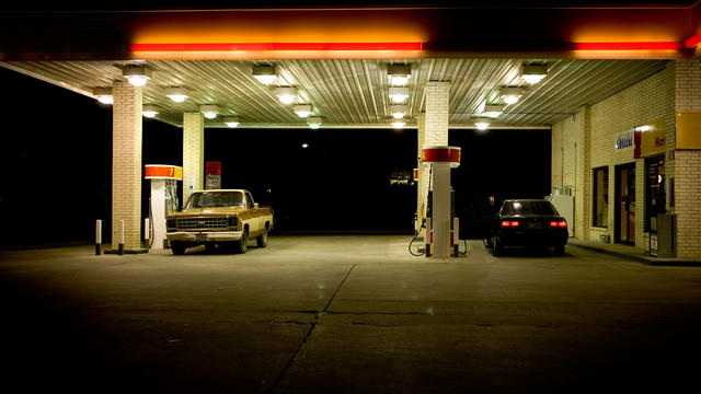 USA, Texas, cars at petrol station at night 