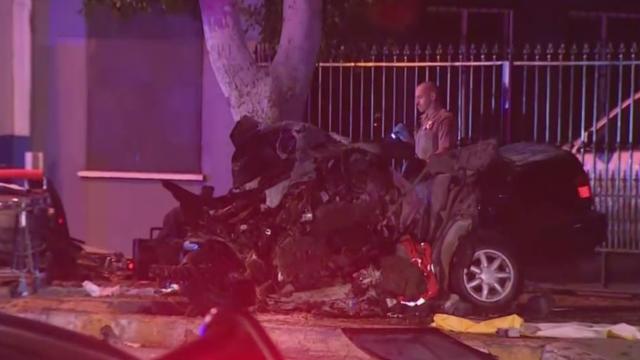 3 killed after car careens into tree in East LA, catches fire 