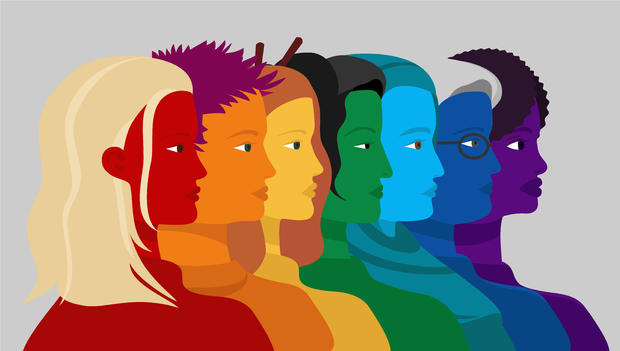 Row of different women profiles colored in rainbow colors. LGBTQ concept. 