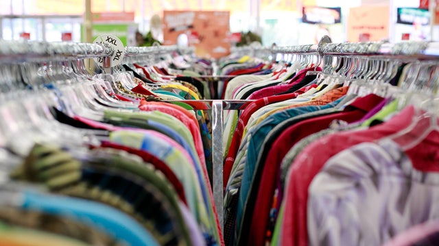 Thrift store clothing racks