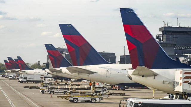 Delta airlines airplanes are seen parked at Hartsfield- 