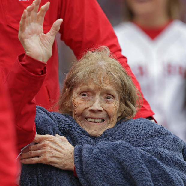 (Boston, MA 07/09/16) Julia Ruth Stevens, daughter of Babe Ruth, waves to the crowd after throwing out the first pitch before the Red Sox vs. Rays at Fenway Park. Saturday, July 9, 2016. Staff photo by John Wilcox. 