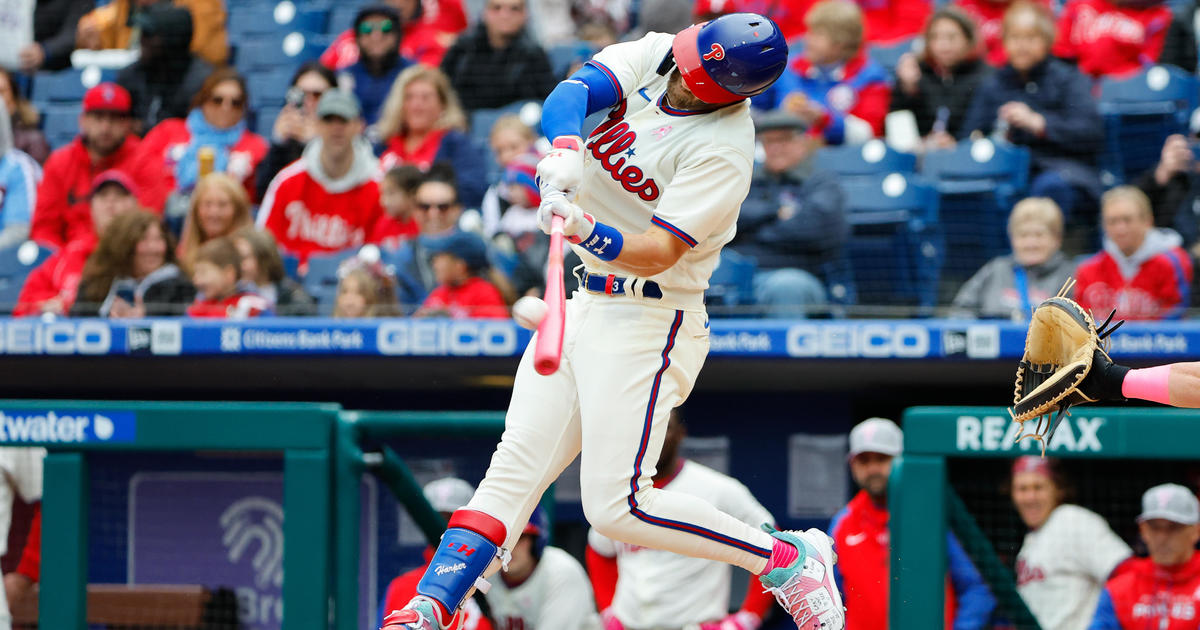New York Mets center fielder Brandon Nimmo makes a catch on a flyout by  Philadelphia Phillies designated hitter Bryce Harper during the fourth  inning of a baseball game on Saturday, April 30