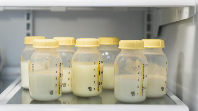 Breast milk in bottles on refrigerator shelf 