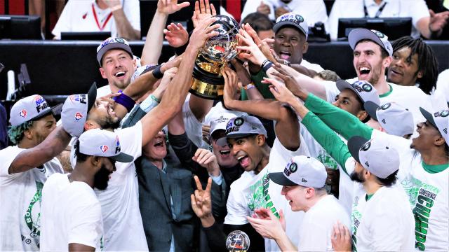 The Celtics celebrate their Game 7 win over the Miami Heat. 