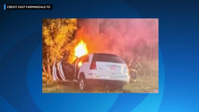 An SUV burst into flames on the Southern State Parkway on June 8, 2022. 