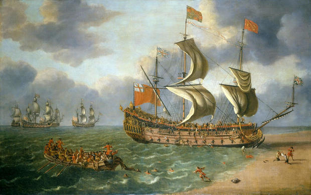 A future king survived when a warship sank in 1682, killing over 100 on board. The wreck has been found off the English coast.