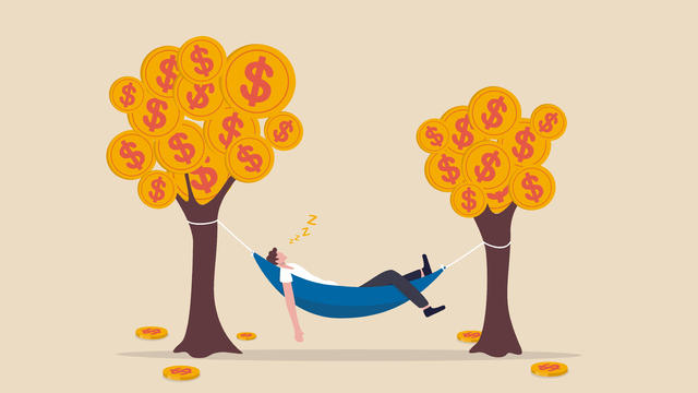 Passive income, earning with no effort by make profit or dividend from investment and achieve financial freedom concept, happy rich businessman sleeping in hammock tied on money tree with dollar coins 