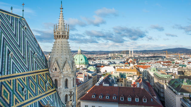 Elevated view from St Stephens Cathedral, Stephansdom, North tower in Vienna, Austria 