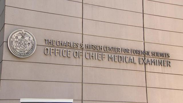 A sign reading "The Charles S. Hirsch Center for Forensic Sciences, Office of Chief Medical Examiner" 