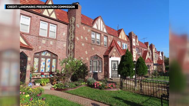 Storybook-style row houses incorporating Tudor-style elements in the Cambria Heights-222nd Street Historic District 