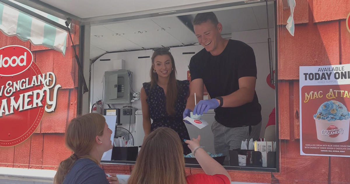 Mac Jones scoops some Mac Attack ice cream for fans in Charlestown - CBS  Boston