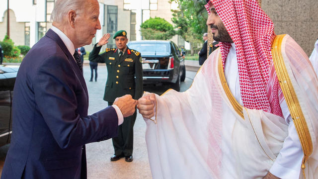 Saudi Crown Prince Mohammed bin Salman fist bumps U.S. President Joe Biden upon his arrival at Al Salman Palace, in Jeddah 