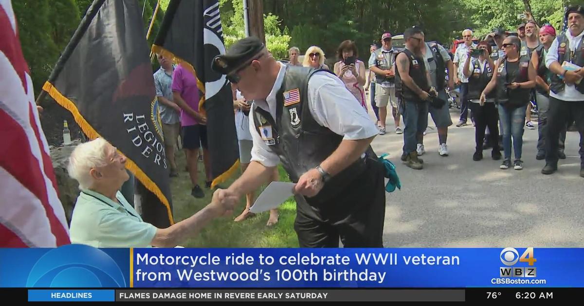 Dozens of motorcyclists celebrate Westwood WWII veteran’s 100th birthday