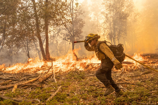 A firefighter works to control a backfire operation conducted to slow the Oak Fire's advancement on a hillside in Mariposa County, California, on July 24, 2022. 