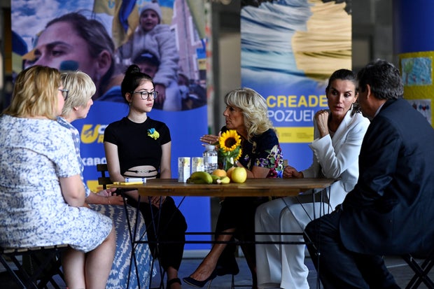 First lady Jill Biden speaks with Ukrainian refugees during a NATO summit in Spain