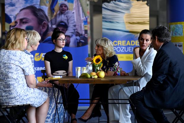 First lady Jill Biden speaks with Ukrainian refugees during a NATO summit in Spain 