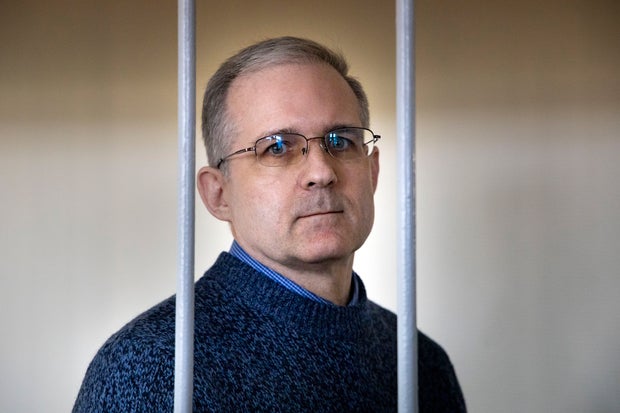 In this Aug. 23, 2019, file photo, Paul Whelan speaks while standing in a cage as he waits for a hearing in a courtroom in Moscow.