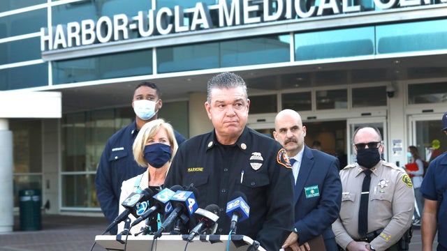 Interim LA County Fire Chief Anthony Marrone addresses the media after a Los Angeles County firefighter was killed while fighting a fire in Rancho Palos Verdes on Jan. 6, 2021. 