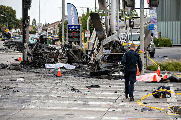 Multiple people were killed in a fiery crash near a Windsor Hills gas station at the intersection of West Slauson and South La Brea avenues 