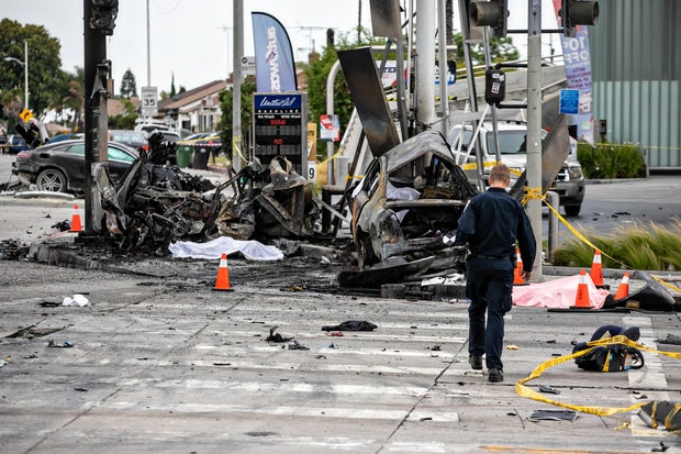 Multiple people were killed in a fiery crash near a Windsor Hills gas station at the intersection of West Slauson and South La Brea avenues 